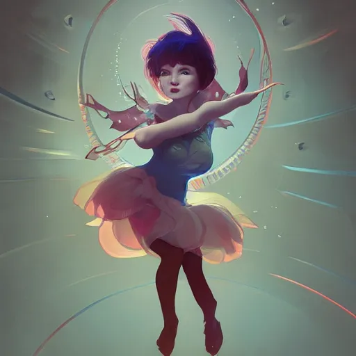 Image similar to cute pixie bjork dancing in a new music video, a look of wonder on her face, ambient lighting, 4 k, lois van baarle, ilya kuvshinov, rossdraws, alphonse mucha, jung gi kim, artstation