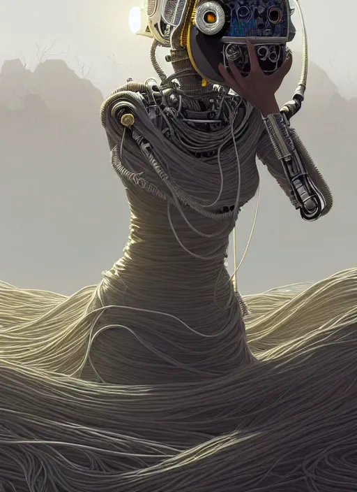 Image similar to highly detailed portrait of a robotic cyborg long curly white hair nomadic tribal lady, stray wiring by atey ghailan, james gilleard, by joe fenton, by greg rutkowski, by greg tocchini, by kaethe butcher, 4 k resolution, gradient yellow, black and white color scheme!!! ( ( robotic sandstorm robotic pyramid landscape background ) )