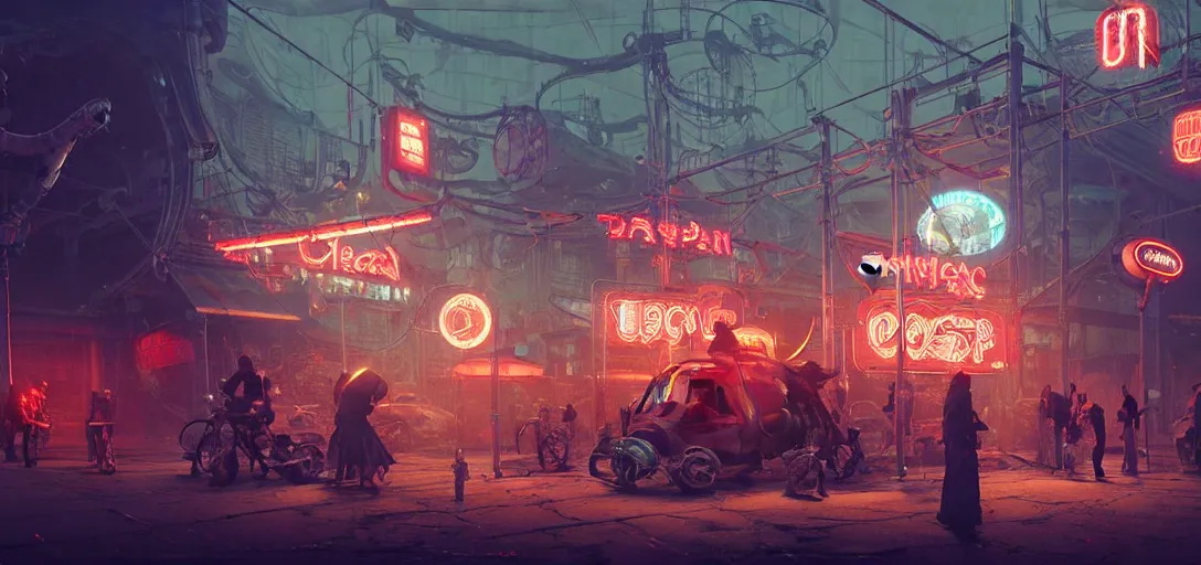 Image similar to close - up of old cyborgs exploring small town cyperpunk amusement, neon food signs, ancient big top circus tent, highly detailed, nightmare, japan, digital painting, concept art, matte, art by ruan jia and wlop and greg rutkowski and makoto shinkai, masterpiece