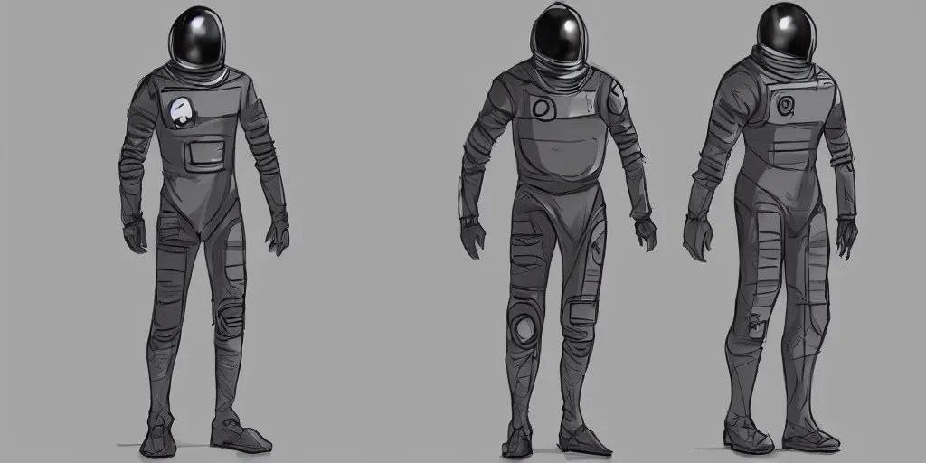 Prompt: male, space suit, character sheet, concept art, stylized, large shoulders, large torso, long thin legs, exaggerated proportions, concept design