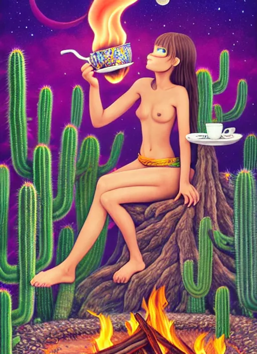 Image similar to richly detailed colored pencil 3 d illustration spartan drinking tea at campfire with trichocereus background and smoke haze full moon ayahuasca peyote art by range murata and artgerm