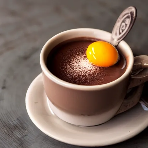 Prompt: a hot chocolate with an egg yolk on top