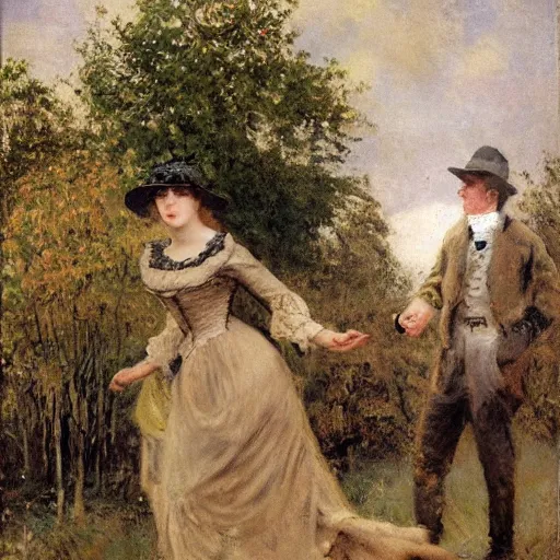 Image similar to young victorian man and woman adventuring in a maze, painted by alfred stevens