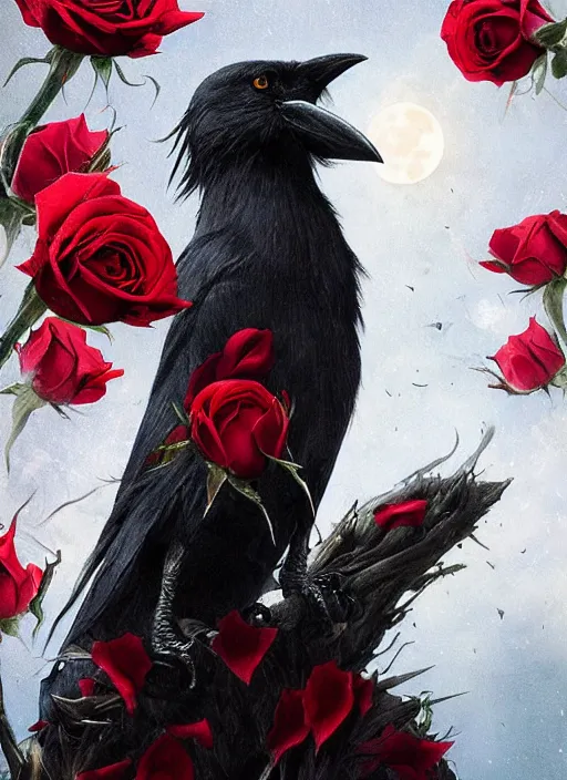 Image similar to portrait, A crow with red eyes in front of the full big moon, book cover, red roses, red white black colors, establishing shot, extremly high detail, foto realistic, cinematic lighting, by Yoshitaka Amano, Ruan Jia, Kentaro Miura, Artgerm, post processed, concept art, artstation, raphael lacoste, alex ross, portrait, A crow with red eyes in front of the full big moon, book cover, red roses, red white black colors, establishing shot, extremly high detail, foto realistic, cinematic lighting, by Yoshitaka Amano, Ruan Jia, Kentaro Miura, Artgerm, post processed, concept art, artstation, raphael lacoste, alex ross