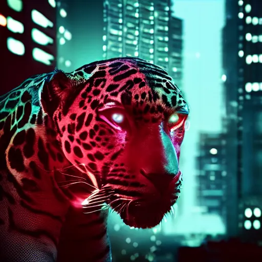 Prompt: portrait of a neon cyberpunk jaguar animal riding a motorcycle, octane render