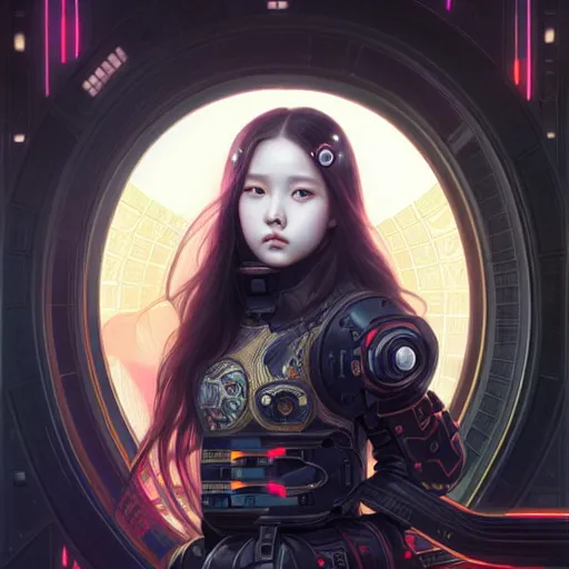 Prompt: portrait painting of olivia hye kpop as a cheerful smiling cyberpunk mercenary, ultra realistic, concept art, intricate details, eerie, highly detailed, photorealistic, octane render, 8 k, unreal engine. art by artgerm and greg rutkowski and magali villeneuve and alphonse mucha