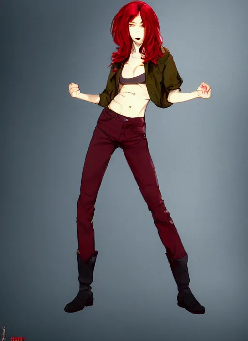 Prompt: full-body shot of an attractive tomboy girl with long, crimson red hair and red eyes, wearing a brown, open jacket and green jeans with a stern look, midriff, concept art, character design, by WLOP, by Ross Draws, by Tomine, by Satoshi Kon, by Rolf Armstrong, by Peter Andrew Jones