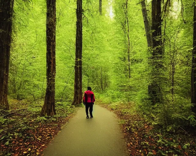 Image similar to a person walking through a forest with tall trees, a photo by kazys varnelis, trending on flickr, naturalism, photo taken with provia, photo taken with ektachrome, photo taken with fujifilm superia