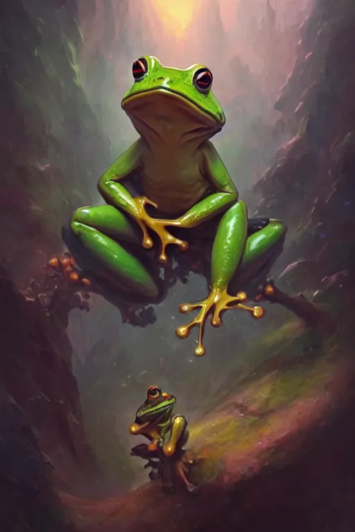 Prompt: a portrait of a stunning humanoid frog, by pete mohrbacher and greg rutkowski, in frame, low angle, fantasy