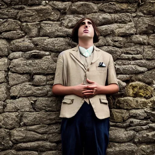 Image similar to Portrait of an utterly terrified young man on the verge of panic tears in 1930s attire with long hair cornered against a stone wall. He looks utterly panicked and distressed. 4K sigma 85mm