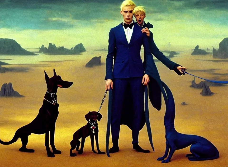 Image similar to realistic detailed portrait movie shot of an elegant blond male vampire with a doberman on a leash, sci fi landscape background by denis villeneuve, amano, yves tanguy, alphonse mucha, max ernst, caravaggio, roger dean, masterpiece, rich moody colours, dog teeth, blue eyes