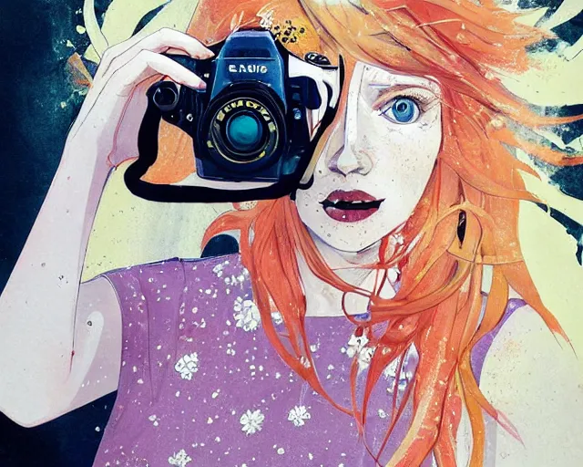 Image similar to pale young woman with bright blonde hair, freckles, gray eyes and a wide face, flowery dress, she is holding a professional dslr camera close to her face with one hand, dramatic lighting, bright flare, expressive, surrealist art by conrad roset