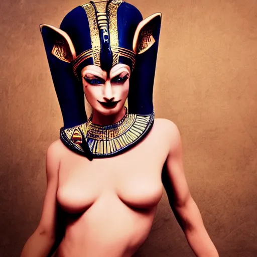 Image similar to Bastet, the cat-headed egyptian goddess, fetish, full makup, medium shot. In the style of Helmut newton, robert maplethorpe, Stefano Brunesci, Lachlan Bailey, Herb Ritts, Ellen Von Unwerth, Haris Nukem, Sardax, Annie Leibovitz. detailed photo, hd, 4k, trending on artstation, 35mm, f1.8