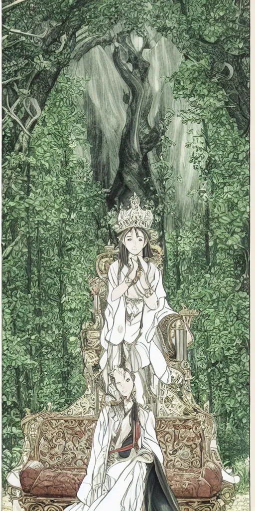 Image similar to an highly detailed magical empress sitting by herself on a sofa in a forest wearing a white robe drawn by cloverworks studio, excellent line work ,elegant and beautiful, tarot card, Tarot card the empress