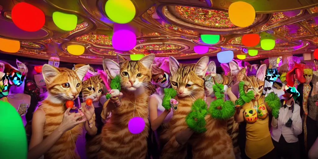 Image similar to 8 k uhd cinema 4 d, octane render of multiple cats dressed as vegetables with vegetables as masks, vegetables dressed as cats with fluffy tails, line dancing at a party, in the ballroom of a luxury cruise liner, beautiful chandeliers from the ceiling, ultra realistic, group photography, 1 0 5 mm lens, multi coloured volumetric lighting