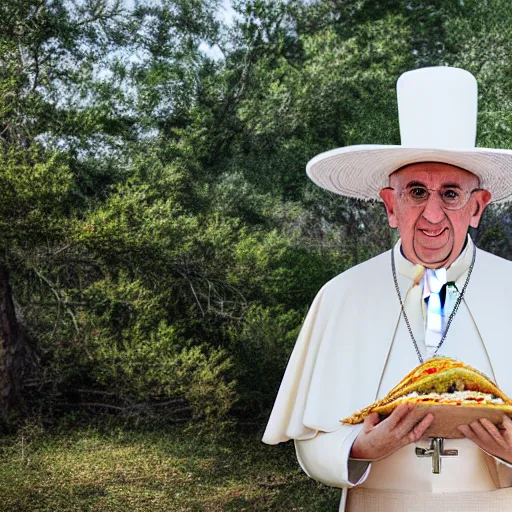 Image similar to pope john paul the 2 nd wearing a sombrero holding a taco, ( sony a 7 r iv, symmetric balance, polarizing filter, photolab, lightroom, 4 k, dolby vision, photography awardm, voque, perfect face )