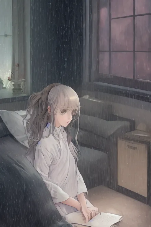 Prompt: a digital painting of a girl in a jk uniform outfit in the bedroom reading a book in a night, raining outside the window, dark and grey theme ， wavy white long hair, by krenz cushart and mucha and akihito yoshida and greg rutkowski and makoto shinkai, detailed eyes, 4 k resolution 、 trending on art station