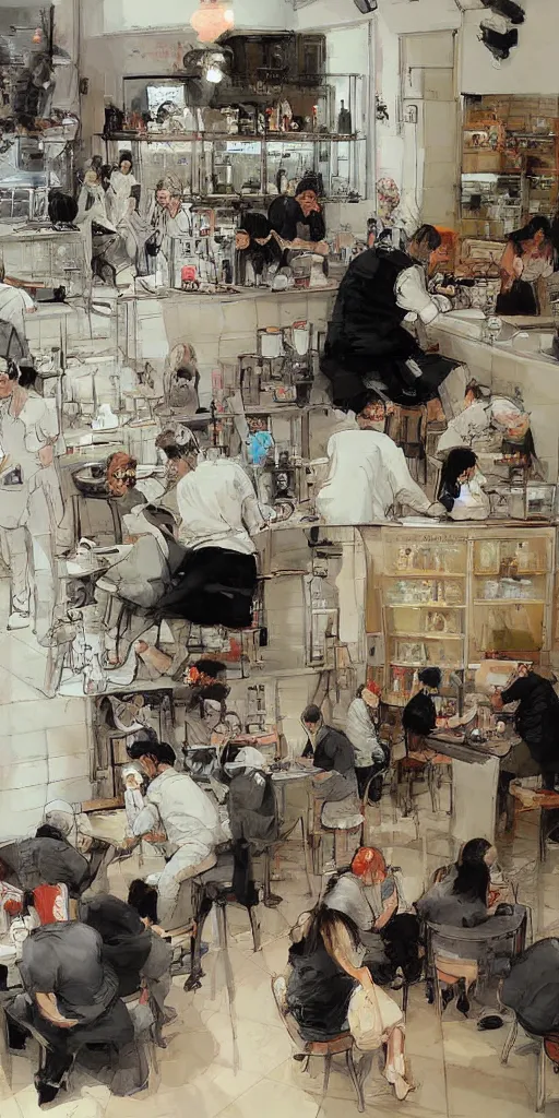 Image similar to oil painting scene from cafe by kim jung gi