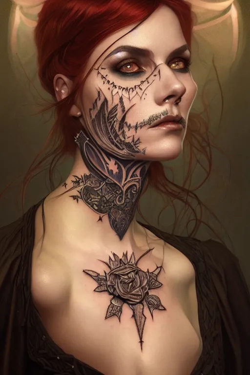 Image similar to portrait of a satanic witch, tattooed face, upper body, decorated, intricate, elegant, highly detailed, digital painting, artstation, concept art, smooth, sharp focus, illustration, art by artgerm and greg rutkowski and alphonse mucha, 8 k