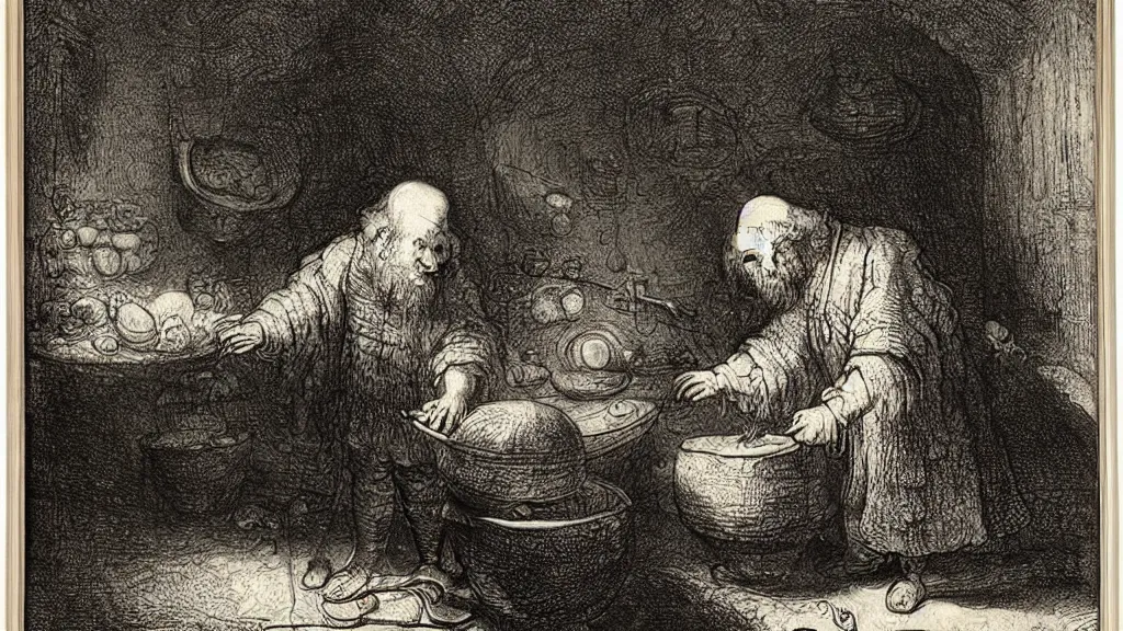 Prompt: wizard examining eggs, Rembrandt