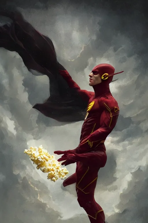 Image similar to ezra miller as flash eating popcorn, ethereal fantasy art by greg rutkowski