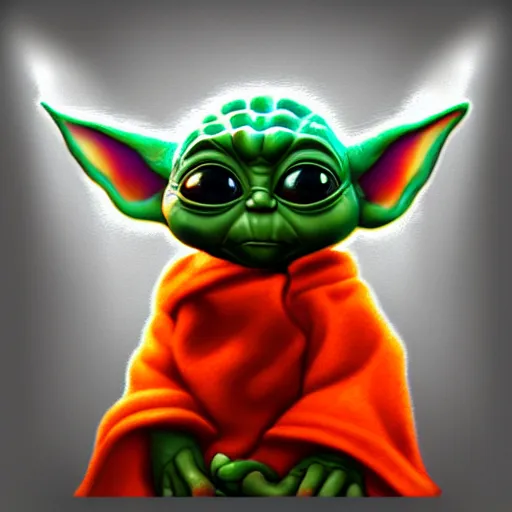 Prompt: baby yoda, trending on artstation, trending on deviantart, backlight, orange light, blue shadows, extreme reflections