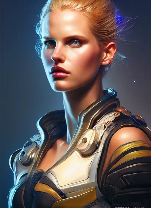 Image similar to portrait of apex legends lara stone, intricate, elegant, glowing lights, highly detailed, digital painting, artstation, glamor pose, concept art, smooth, sharp focus, illustration, art by artgerm and greg rutkowski, artey freytag