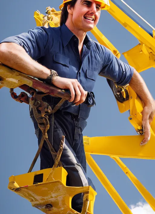 Prompt: closeup portrait of cheerful tom cruise as a crane operator, yellow hardhat, sitting in a crane, natural light, bloom, detailed face, magazine, press, photo, steve mccurry, david lazar, canon, nikon, focus