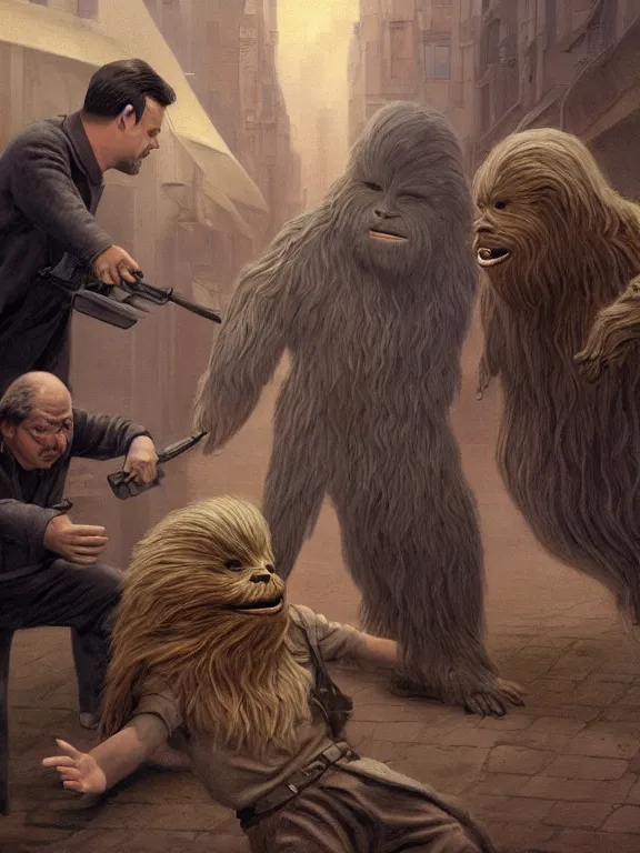 Image similar to rich evans and mike stoklasa save george lucas from a crackhead wookie in 1 9 3 0 s paris, hyperrealistic, 4 k, ultra detailed, intricate detail, octane render, photorealistic, art by zdzisław beksinski
