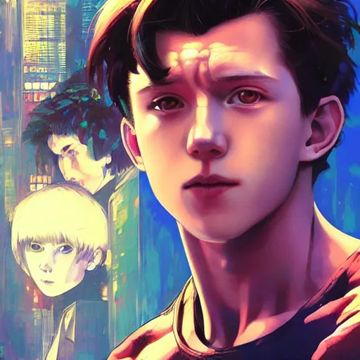 Image similar to tom holland as a manga character, realistic shaded perfect face, fine details. anime. realistic shaded lighting poster by ilya kuvshinov katsuhiro otomo ghost - in - the - shell, magali villeneuve, artgerm, jeremy lipkin and michael garmash and rob rey