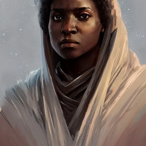 Prompt: portrait of a woman by greg rutkowski, youn jedi knight, black, afro hair, prettt, star wars expanded universe, she is about 2 0 years old, wearing jedi robes, highly detailed portrait, digital painting, artstation, concept art, smooth, sharp foccus ilustration, artstation hq