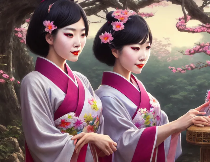 Image similar to two beautiful fashion taiwan girls wear fantasy yukata in festival | | big eyes, sunny, dreamlike art, realistic shaded, smile, good looking, fine details, 4 k realistic, cryengine, realistic shaded lighting poster by greg rutkowski, magali villeneuve, artgerm, jeremy lipkin and michael garmash and rob rey