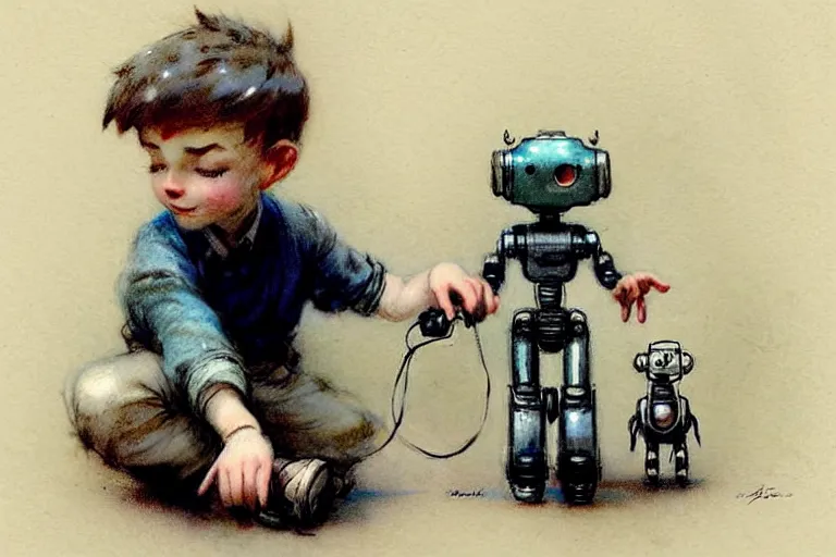 Prompt: ( ( ( ( ( 1 9 5 0 s boy and his small pet robot. muted colors. ) ) ) ) ) by jean - baptiste monge!!!!!!!!!!!!!!!!!!!!!!!!!!!