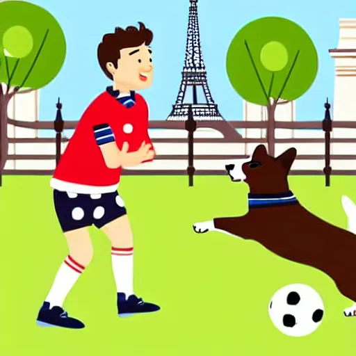 Prompt: illustration of french boy in paris playing football against a corgi who is wearing a polka dot scarf