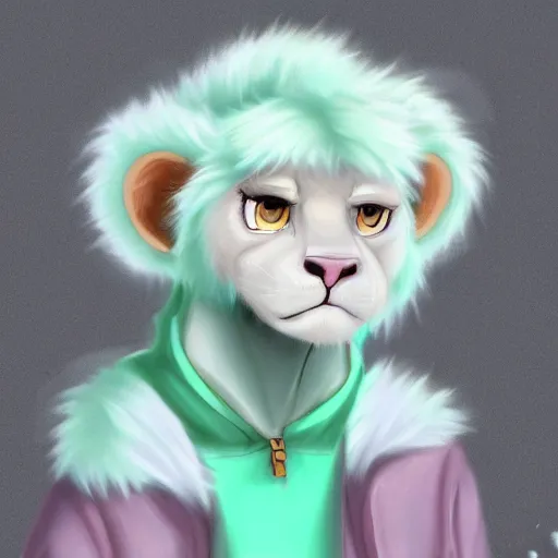 Image similar to aesthetic portrait commission of a albino male furry anthro lion wearing a cute mint colored cozy soft pastel winter outfit, winter atmosphere. character design by chunie