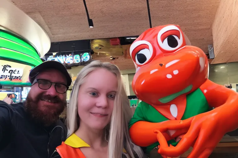 Prompt: I took a selfie with the corporate mascot of fast food chain frog burger, selfie photography, 55mm