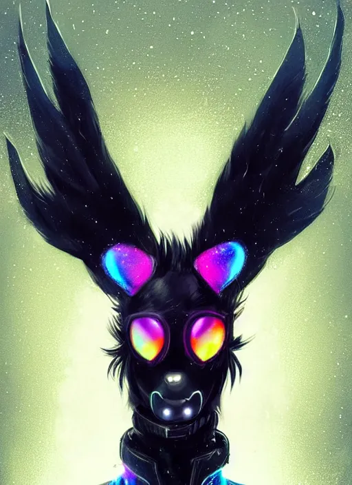 Image similar to award winning beautiful portrait commission of a male furry anthro Black Reindeer cyberpunk fursona with a tail, wings, wings, wings and a cute beautiful attractive detailed furry face wearing stylish black and rainbow galaxy clothes, outline, in a cyberpunk city at night while it rains. Character design by charlie bowater, ross tran, artgerm, and makoto shinkai, detailed, inked, western comic book art