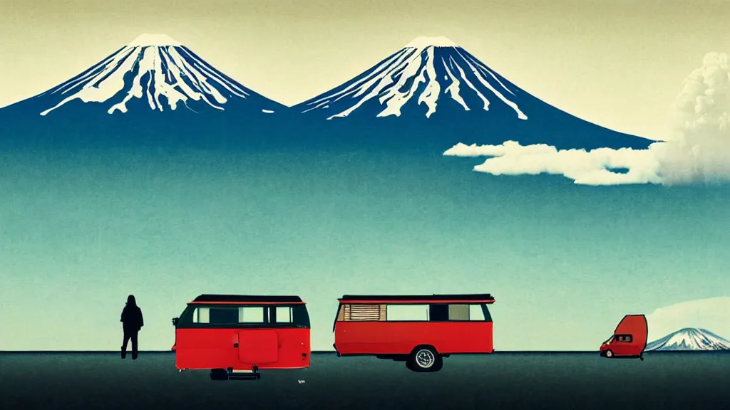 Image similar to a scene of two travellers and their camper touring overlook at the edge of yamanaka lake, reflecting mount fuji and a dramatic sky, japan, a collage painting, in the style of wes anderson, lola dupre, david hockney, isolated on negative white space background dark monochrome neon spraypaint accents volumetric octane render