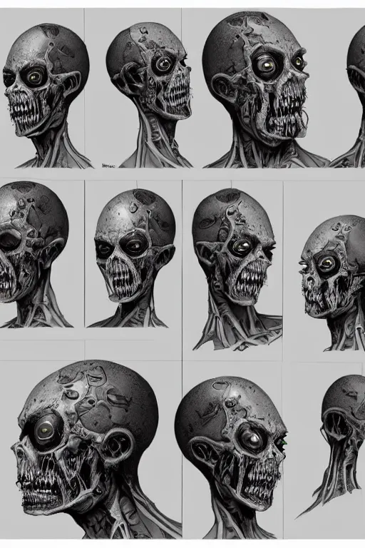 Prompt: cyborg zombie king with gunmetal grey skin, medical anatomy, very symmetrical face, highly detailed, mecha, three - perspective / three - view reference sheet ( front / back / side ), in the style of james gurney, dan ouellette, hr giger, sil from species, dren from splice, biomechanical, artstation, unreal engine