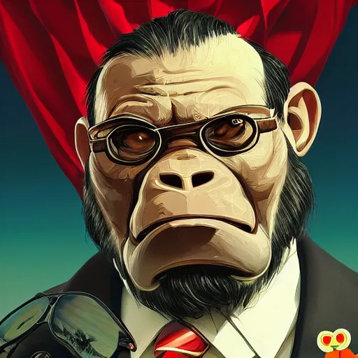 Image similar to [Monkey as president of Banana as GTA character, propaganda!, closeup, D&D, intricate, elegant, highly detailed, digital painting, artstation, concept art, matte, sharp focus, illustration, art by Artgerm and Greg Rutkowski and Alphonse Mucha and Enki Bilal]