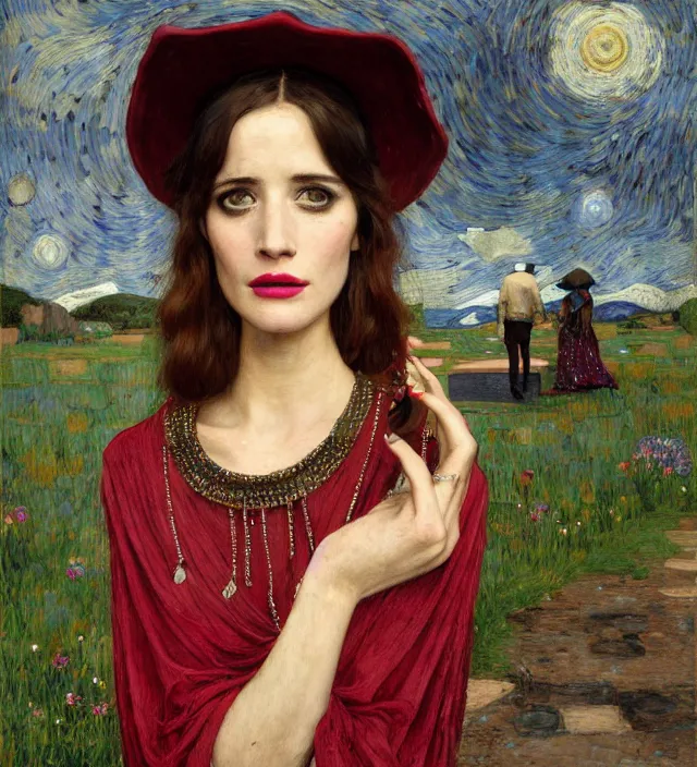 Image similar to portrait of fashionable young woman wearing rich jewerly hat and boho poncho into concrete hitech interior, eva green and Gemma Arterton, red light, dark make up on her face sitting dynamic pose, Low poly, thunder clouds in the sky, artwork by john william waterhouse and Denis Sarazhin and klimt and rhads and van gogh and Dean Ellis and Detmold Charles Maurice, levitation, industrial rusty pipes, simple form, brutal shapes