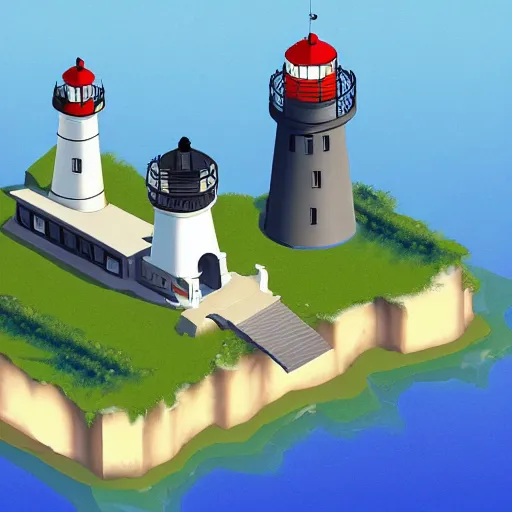 Image similar to side view of top down isometric video game, point and click style, on an island with a giant lighthouse, a drawbridge, and crew quarters with a cave underneath the island