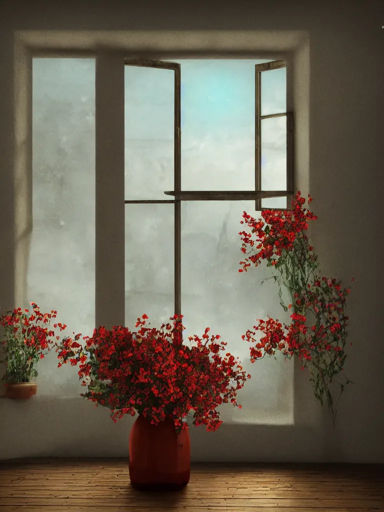 Image similar to a old house window with a vase of red flowers with view to a sunrise, blue wall, a wooden chair near the window, concept art, octane render, unreal engine 5, trending on deviantart, highly detailed, high quality, hd, digital painting, masterpiece, geometric, symmetrical, low contrast, beautiful, high coherence, natural lighting, intense lighting