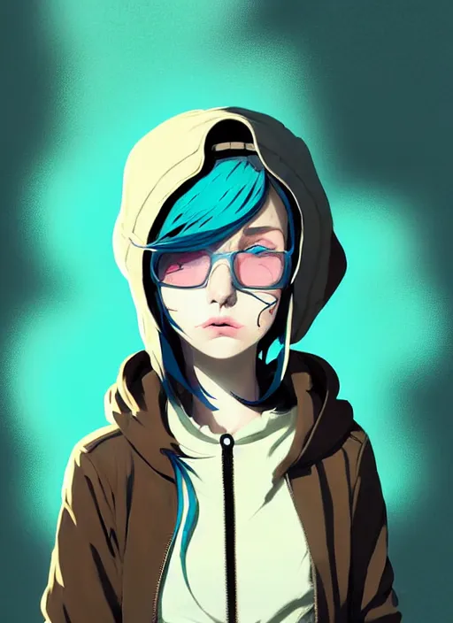Image similar to highly detailed portrait of a sewer punk lady student, blue eyes, hoodie, cloudy lofted white hair by atey ghailan, by greg rutkowski, by greg tocchini, by james gilleard, by joe fenton, by kaethe butcher, gradient green, black, brown and cyan color scheme, grunge aesthetic!!! ( ( graffiti tag wall background ) )