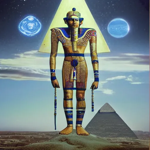Image similar to The Annunaki have returned to Egypt wearing space suits that look like Egyptian pharoah head-dresses and breathing hoses that look like elephant trunks - alien-looking, cyborg, detailed, photo-realism