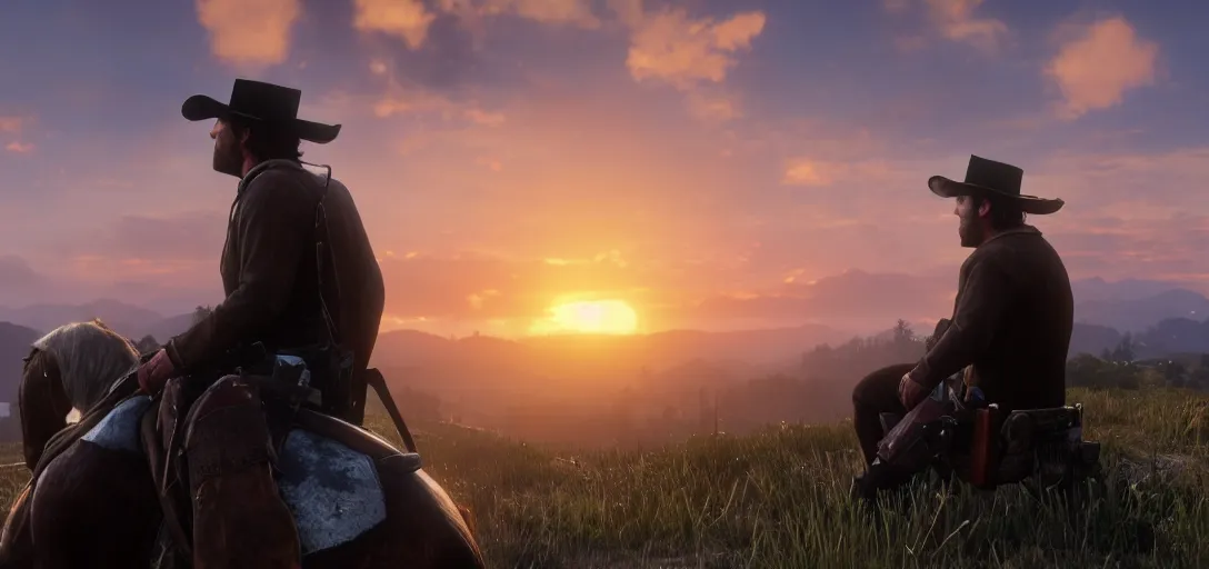 Image similar to Arthur Morgan from Red Dead Redemption 2 sitting at the top of a mountain looking at a beautiful sunrise in the distance