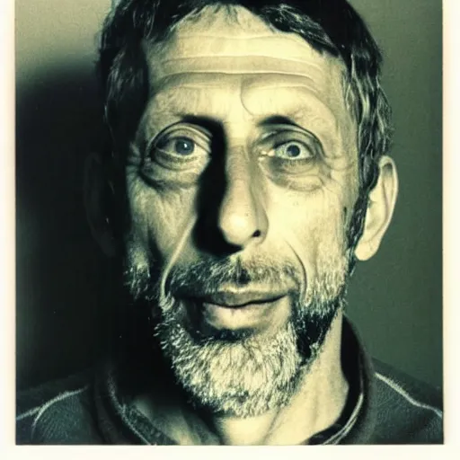 Image similar to Mugshot Portrait of Michael Rosen, taken in the 1970s, photo taken on a 1970s polaroid camera, grainy, real life, hyperrealistic, ultra realistic, realistic, highly detailed, epic, HD quality, 8k resolution, body and headshot, film still, front facing, front view, headshot and bodyshot, detailed face, very detailed face