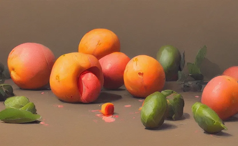 Image similar to a painting of 🍑🍑🍊🥭🍋🍑🍑 trending on artstation in the style of greg rutkowski