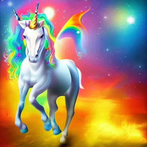 Image similar to a unicorn with fairy wings walking on the moon, colorful digital art