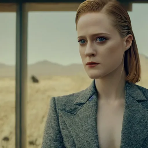 Image similar to beautiful close - up shot of evan rachel wood in westworld who looks into the distance, beautiful natural light, golden hour, focus on her face, photorealistic, fujifilm x - pro 2, by annie leibowitz